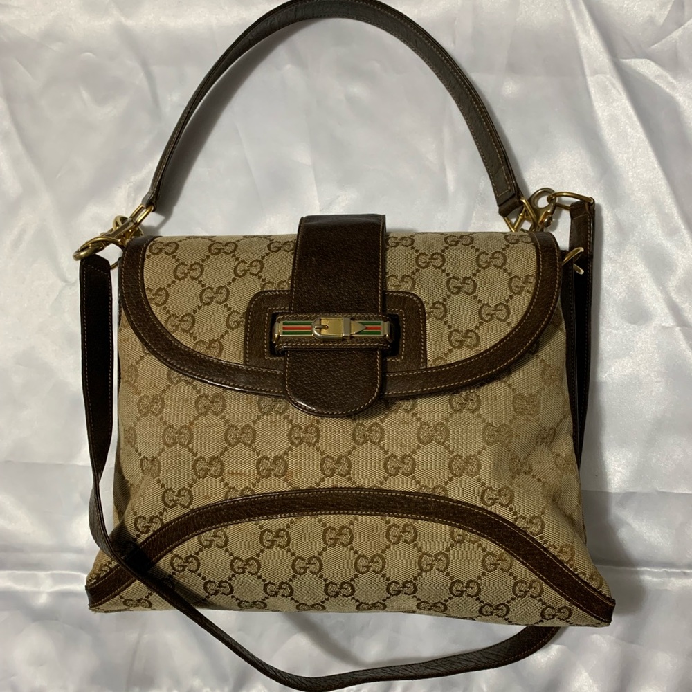 Gucci Beige GG Canvas and Brown Leather Shoulder Bag with Gold Hardware